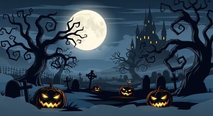 Halloween night scene with pumpkins, tombstones, trees, castle and a full moon.