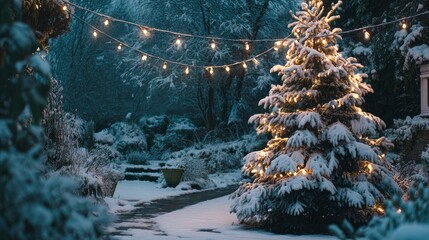 Snowy outdoor scene with a decorated Christmas tree  path lined with snow String lights overhead