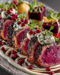 Seared Tuna with Creamy Herb Sauce, Pomegranate Seeds, Black Sesame, and Beetroot Cubes