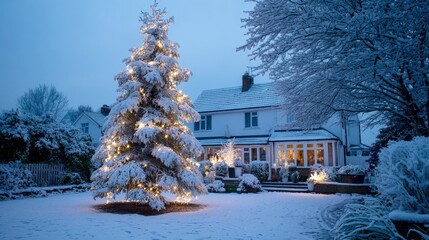Snowcovered scene featuring a lit Christmas tree in front of a house
