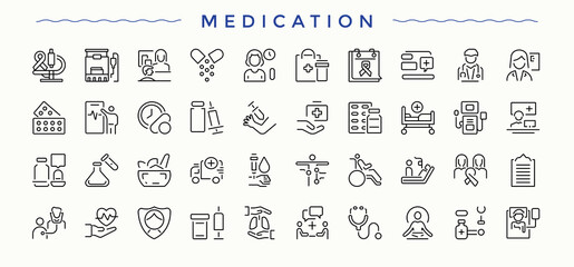Medication icon. Outline icons collection. Treatment icon set. Containing cure, pill, pharma, antibiotic, medical, pharmacy and more.