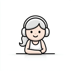 Cute flat cartoon avatar of a smiling girl with headphones, simple black outline and white details, representing music, youth, and digital interface.