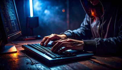 Close up of hacker girl using her hacking devices in the dark room. 