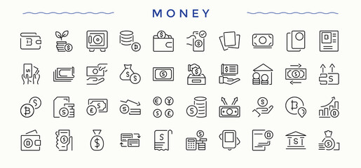 Set of Money line icon. It contains symbols to wealth, banking, financial, bank, wallet, credit, coin and more. Vector outline icons collection. Finance icon set. Editable stroke.