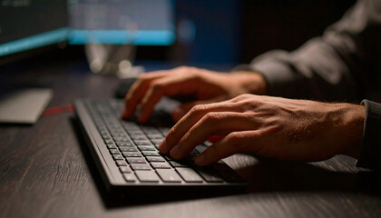 Close up hacker hand typing a code on theirs keyboard with blurry network code