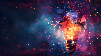 glowing lightbulb made of digital particles on dark gradient background, concept of creativity and innovation, ad banner layout with copy space