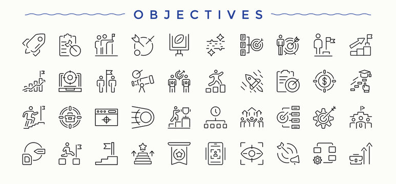 Objective icon set. Thin linear style icons. Related to task, assessment, goal, schedule, analysis. Editable stroke vector art. Project modern icon set.