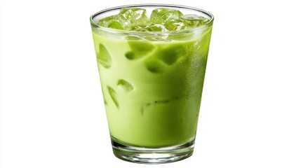 A bright green drink with ice awaits on a sunny table ideal for quenching thirst and enjoying the moment.