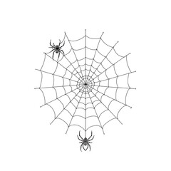 Obraz premium A black-and-white drawing of a spider web with two spiders, symmetrical circular pattern, radiating lines, and connecting arcs, in a minimalist style with a white background.