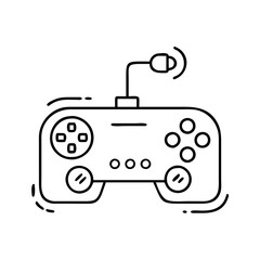 A minimalist black and white line art illustration of a video game controller with a cord and a small circular attachment, isolated on a, representing gaming and technology