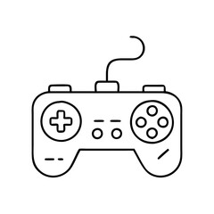 A simple black outline drawing of a video game controller with a curved cord, featuring directional buttons and analog sticks, presented on a clean, symbolizing interactive entertainment