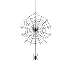 Obraz premium A black-and-white drawing of a spider web with two spiders, symmetrical circular pattern, radiating lines, and connecting arcs, in a minimalist style with a white background.