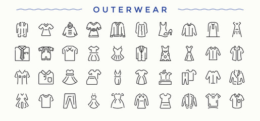 Outerwear line icon set. Contains outline symbols like clothing, fashion, shirt, dress, clothes, cloth, apparel and more. Clothing icon set. Web icons pack. Editable vector stroke.