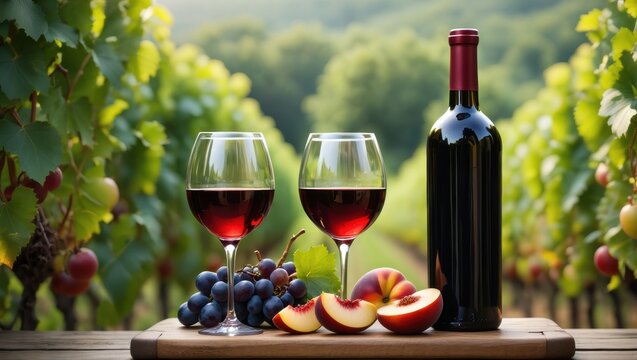 Red wine bottle and glasses with fresh grapes and peaches in vineyard