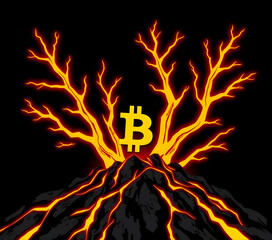  A magma-inspired Bitcoin design, with bright fiery-orange branches cracking through a dark basalt rock background. Bitcoin symbols (₿).