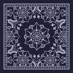 Circular pattern in form of mandala with flower for Henna, Mehndi, decoration. Blue decorative ornament in ethnic oriental style for a bandana. Outline doodle hand draw vector illustration.