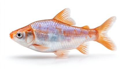 Obraz premium A Small Golden Fish With Orange Fins And White Belly Floats In Clear Water With Subtle Sparkles On Its Scales And A Gentle Shadow Beneath It On A White Background