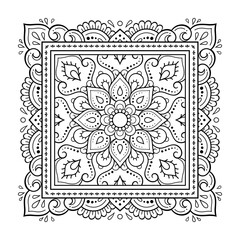 Decorative pattern of flowers and paisley for printing on fabric. Ornament for a bandana, a silk neckerchief, a tablecloth or a kerchief. Square sketch in tribal or oriental style.