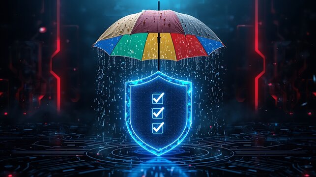 Cybersecurity insurance protection shield umbrella safety digital security concept