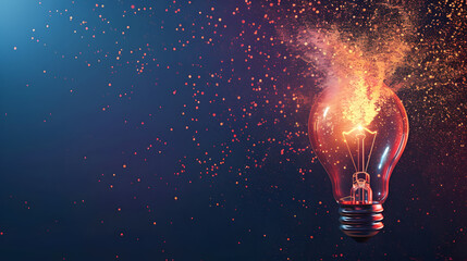 glowing lightbulb made of digital particles on dark gradient background, concept of creativity and innovation, ad banner layout with copy space