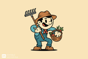 Happy Farmer Character with Rake and Harvest Basket.