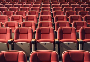 Rows of empty red theater seats arranged in a modern auditorium