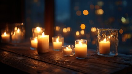 Candles flicker softly on a wooden surface illuminating the space as twilight settles over the urban landscape.