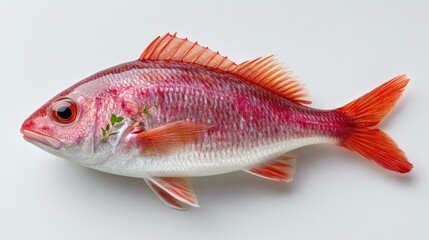 Obraz premium Vibrant Red Fish with Orange Fins and Detailed Scales Posed Against a Clean White Background Studio Lighting
