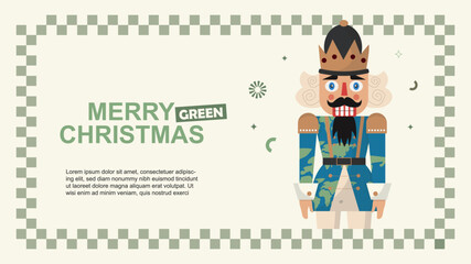Nutcracker king with eco-friendly colors and “Merry Green Christmas” text, perfect for holiday cards, banners, and seasonal campaigns. Sustainable christmas concept. Flat style. Vector illustration
