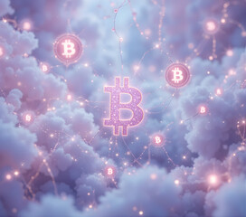  A mystical pastel Bitcoin network, glowing in shimmering hues of lilac, sky blue, and rose pink. Bitcoin symbols (₿) float among glittering energy trails &mdash; whimsical, divine, and radiant.