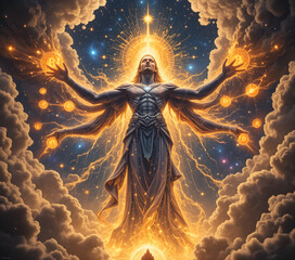  A cosmic titan-style Bitcoin design, with vast luminous arms stretching like galaxies. Bitcoin symbols (₿) pulse within nebular clouds &mdash; massive, ancient, and full of cosmic intelligence.