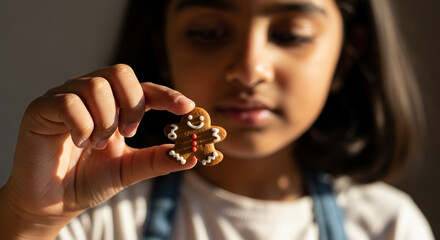 Young girl holding a gingerbread man, perfect for holiday baking. Gingerbread man held up by child is sweetly decorated with icing, great for capturing children's interest in holiday baking,