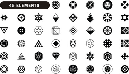 Modern black geometric vector symbols and abstract minimal design elements for logo, pattern, and branding use