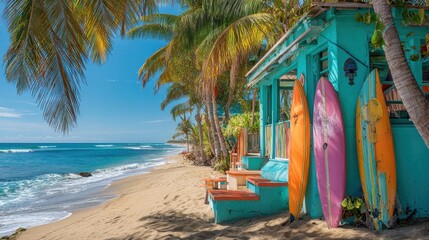 Colorful surfboards rest against a cozy beach hut surrounded by lush palm trees and golden sand.
