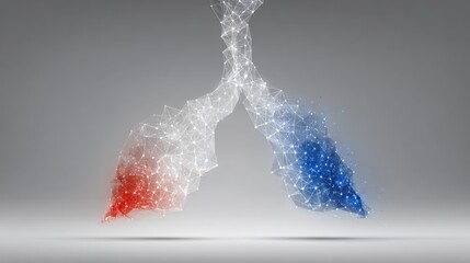 Abstract Human Lungs Formed by Red and Blue Particles on a Grey Background.