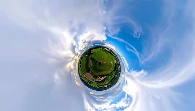 Surreal Tiny Planet Wormhole Effect Through Blue Skies.