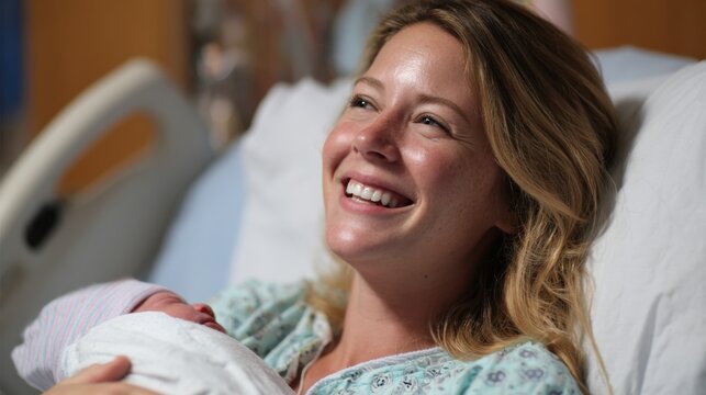 A mother beams with happiness as she cradles her newborn in a warm and inviting hospital setting.