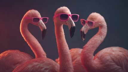 Naklejka premium Three pink flamingos wear bright sunglasses while standing close together showcasing their fun personalities.