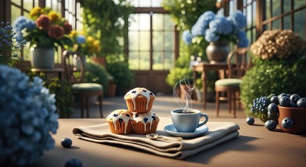 Blueberry muffins rest with coffee in a sunlit conservatory