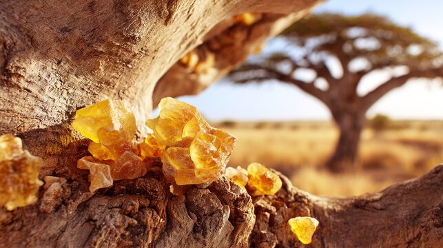frankincense. Frankincense tree in dry African landscape with glistening resin tears. gardening catalogs, home-decor guides, designed for home decor and floral branding, used by teachers.