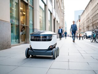 Delivery robot navigating a city sidewalk, showcasing modern technology in urban life
