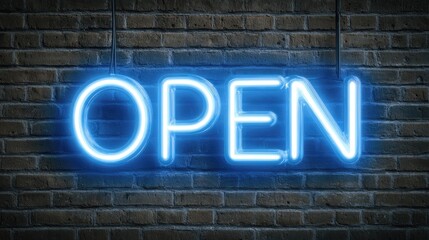 Fototapeta premium Vibrant luminous blue neon sign displaying the glowing word open mounted on red brick wall isolated on white background