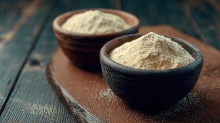 Two rustic bowls filled with fine, lightcolored powder, possibly flour or spice, placed on a wooden surface
