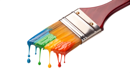 Paintbrush dipped in bright color, dripping paint motion, isolated realistic object.