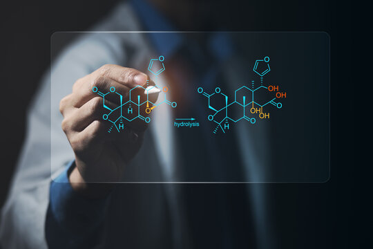 Scientist visualizing chemical hydrolysis reaction with molecular structures on transparent digital interface. Concept of organic synthesis, biochemistry, and pharmaceutical innovation.