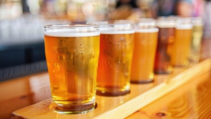 Assorted craft beers served in glasses on a wooden flight tray