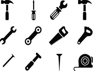 Obraz premium Collection of twelve silhouette icons representing various tools for repair and construction work vector silhouette