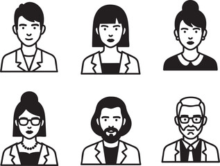 Set of six diverse male and female professional avatars in a black and white line art icon style.
