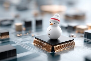A small snowman with a knitted hat stands proudly atop a computer chip. This scene combines winter charm with high-tech elements, highlighting innovative holiday spirit