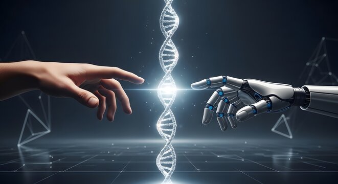 Human and Robotic Hands Reaching for DNA Helix in Digital Space Showing Technology Evolution and Future Collaboration Possibilities